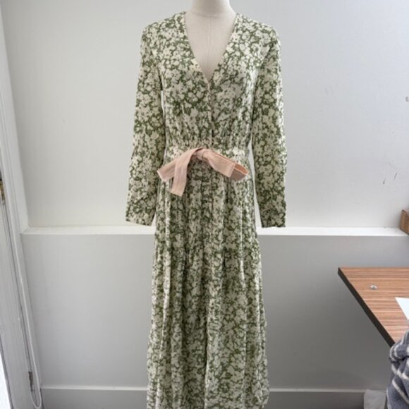 Jonathan Simkhai Green Floral Long Sleeve Dress with Tie Waist Women's 0 - Picture 5 of 5